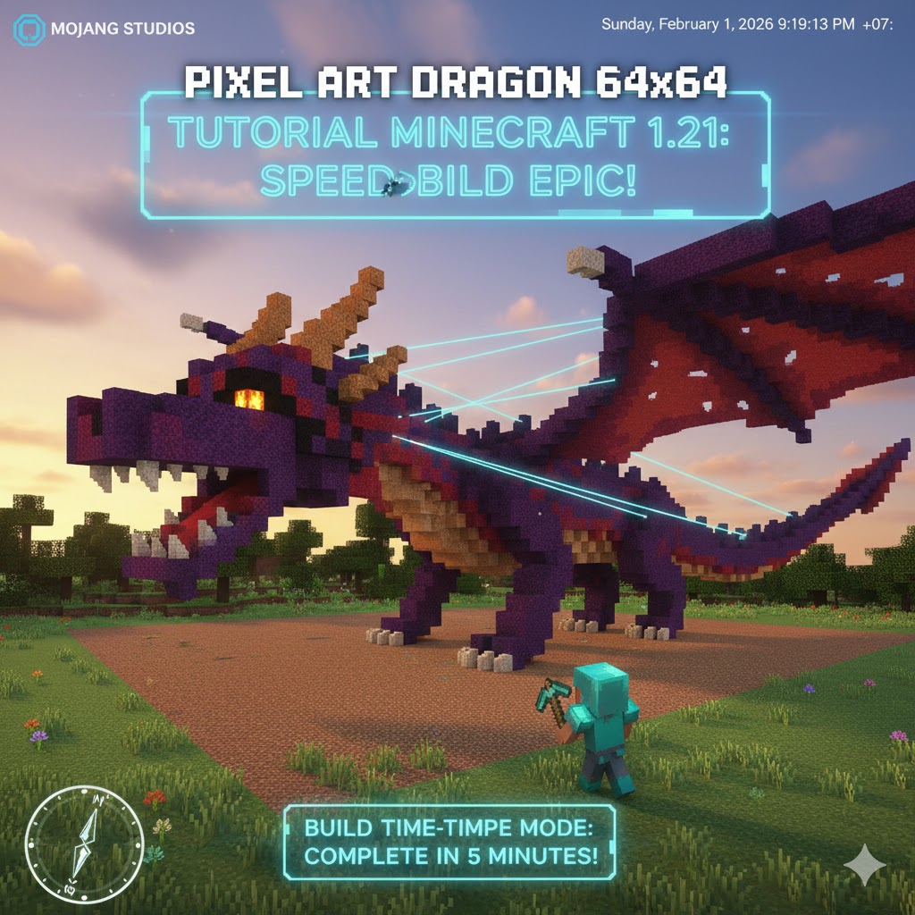 Pixel Art Dragon 64x64 Tutorial Minecraft 1.21: Speedbuild Epic!